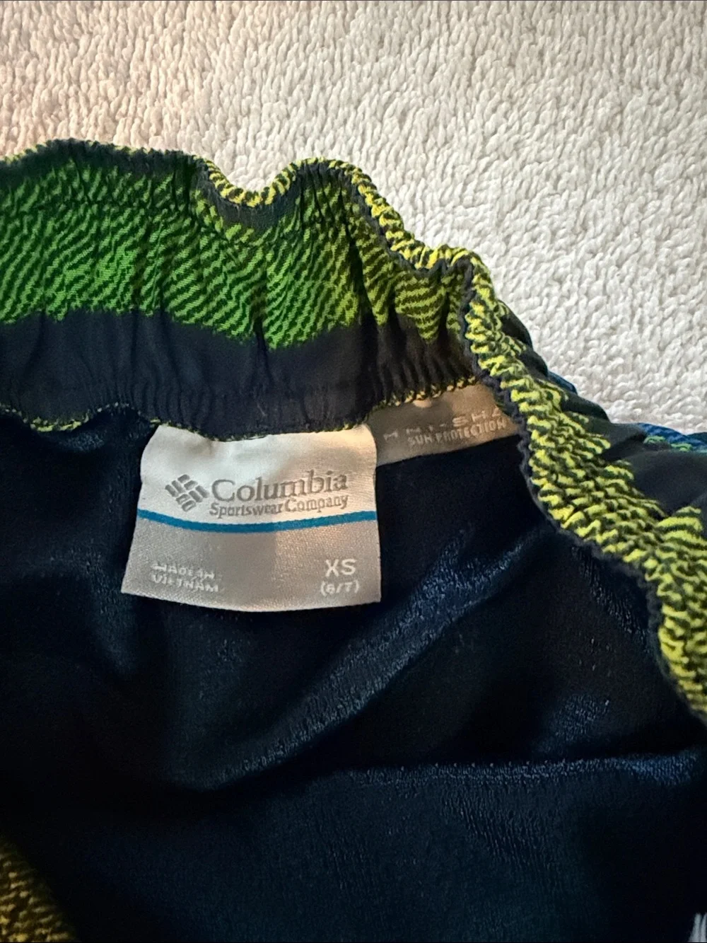 Columbia boy’s Neon Green Rash Guard with Striped Swim Shorts